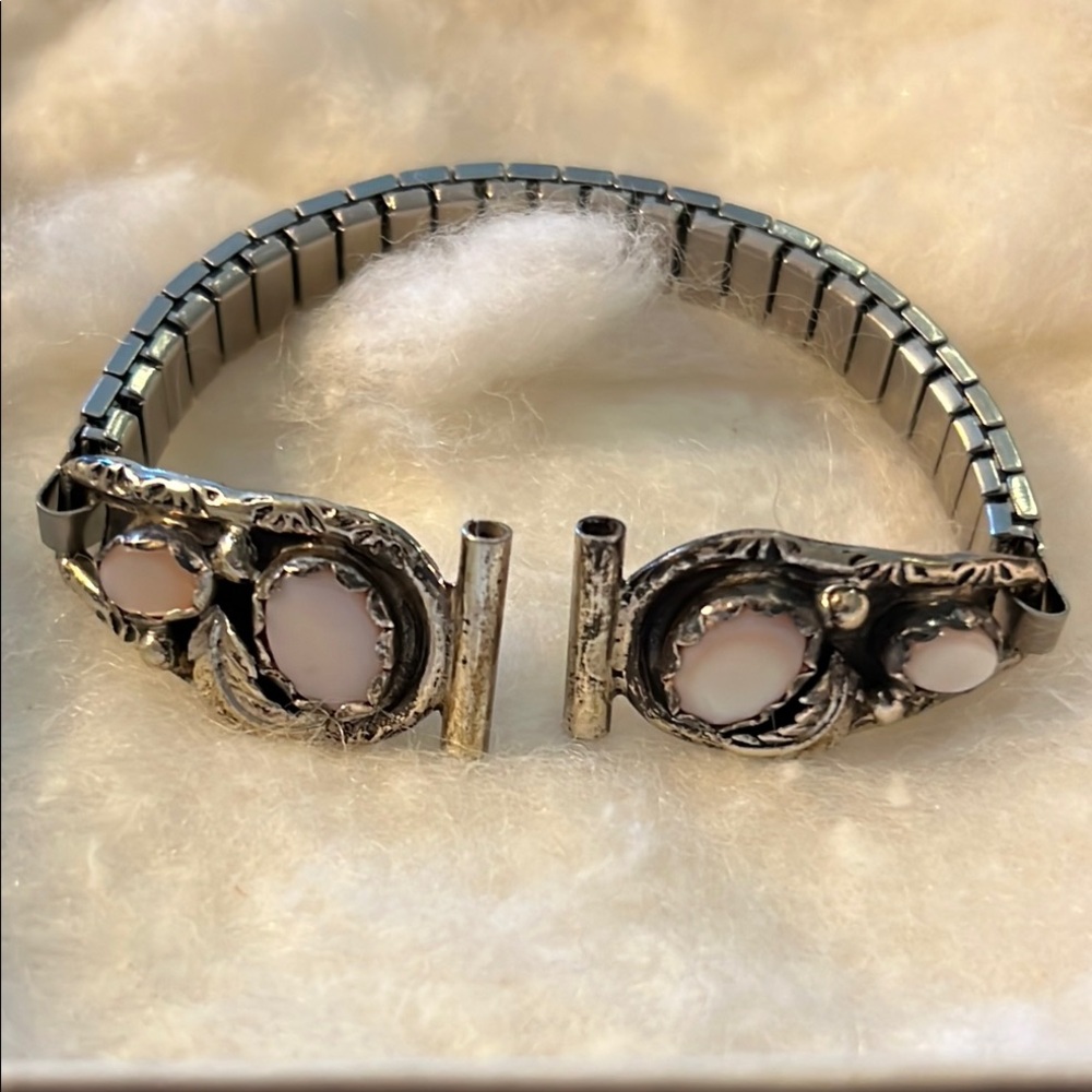 Vintage Stamped Sterling Silver AK Native American MOP Watch band